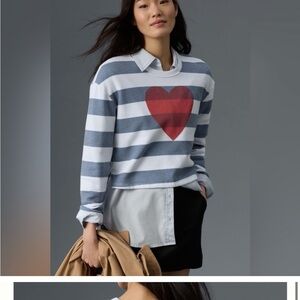 NWT Sundry Blue and White Striped Sweatshirt with Red Heart Size Medium